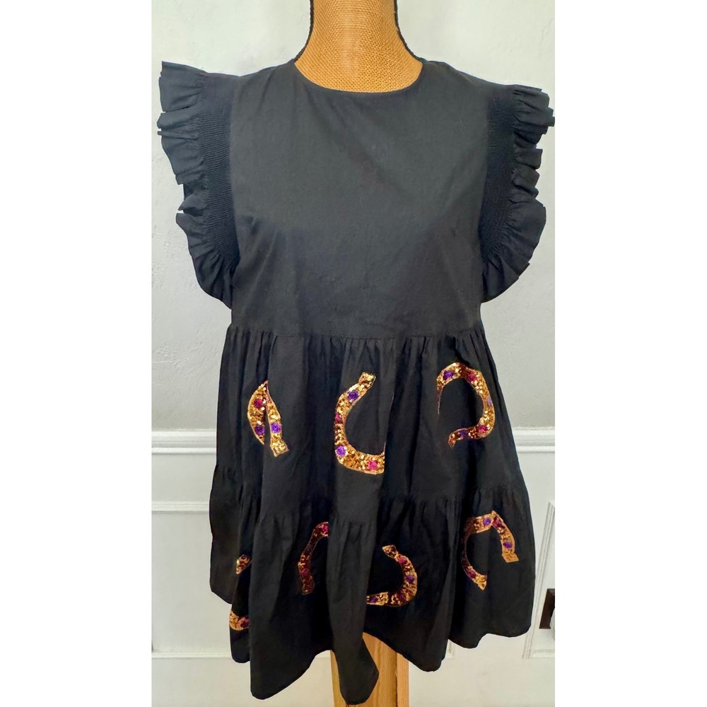 Peach Love California Black Sequin Horseshoe Tiered Mini Dress Medium NWT